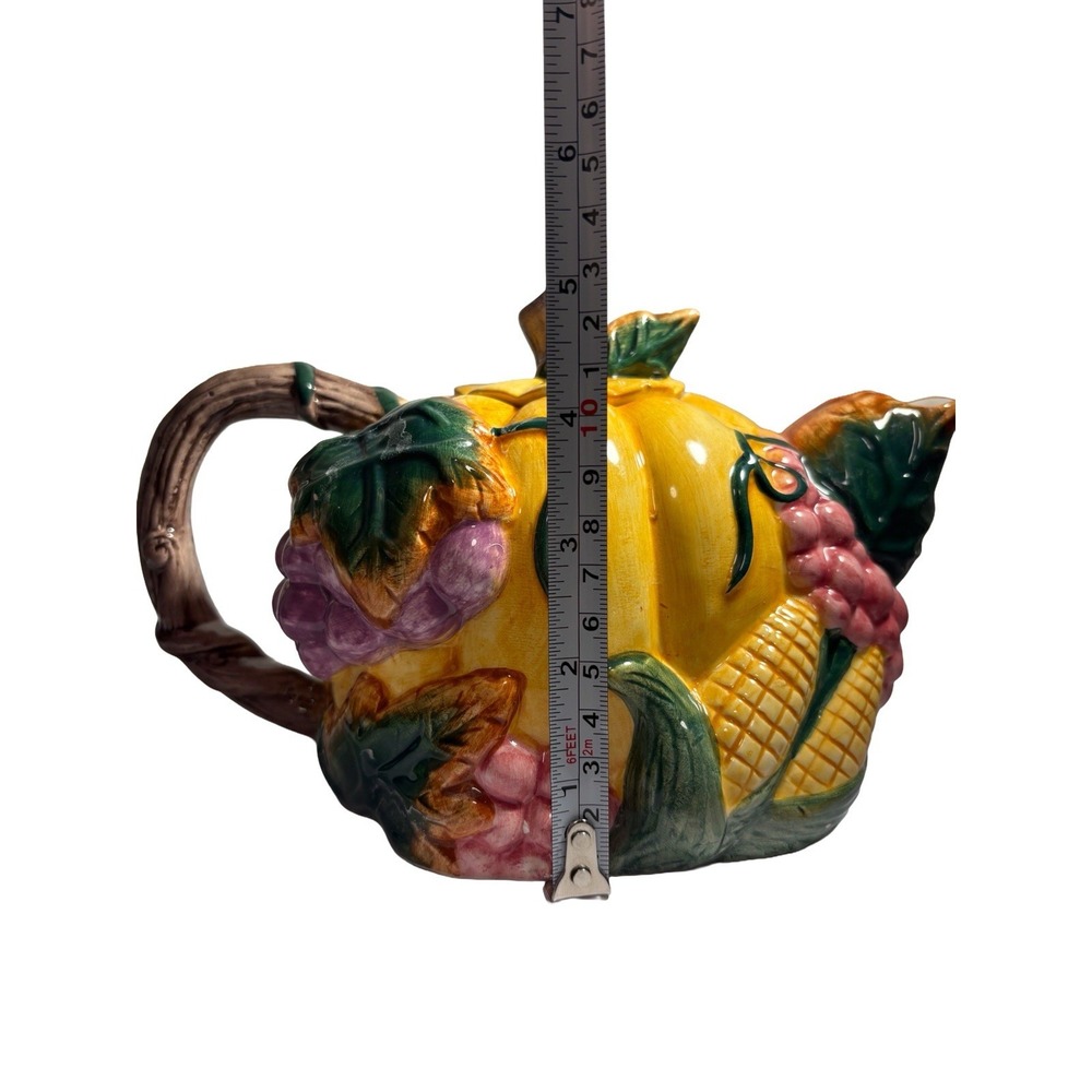 Vintage Ceramic Thanksgiving Banquet Teapot with Lid Grapes Leaves Corn Pumpkin - Picture 11 of 12